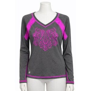 Athleta M Gray Purple Long Sleeve Yoga Running Top Athleisure Gym Boho Mandala